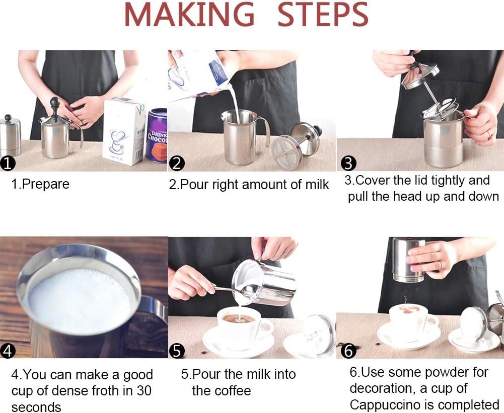 Fdit Manueller Milchaufschäumer, handgehaltene Milchschäumkrüge aus Edelstahl, Cappuccino-Schäumer m