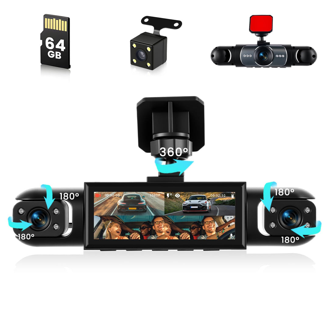 4 Kanal Dashcam Auto, 360 Grad Dashcam FHD 1080P Vorne Hinten Innen Links und Rechts, mit 3.16" Disp