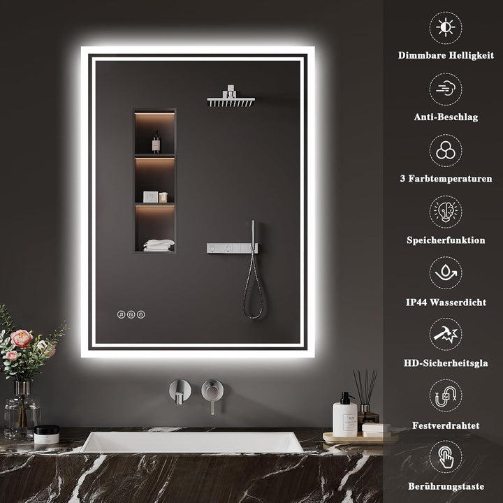 Badspiegel-mit-Beleuchtung 60x80cm: LED Badezimmer-Spiegel Badezimmerspiegel mit Bluetooth, Beschlag