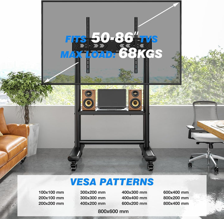 RFIVER TV Ständer Rollbar mit Ablage Für 50 bis 86 Zoll Flach & Curved Fernseher, Höhenverstellbarer