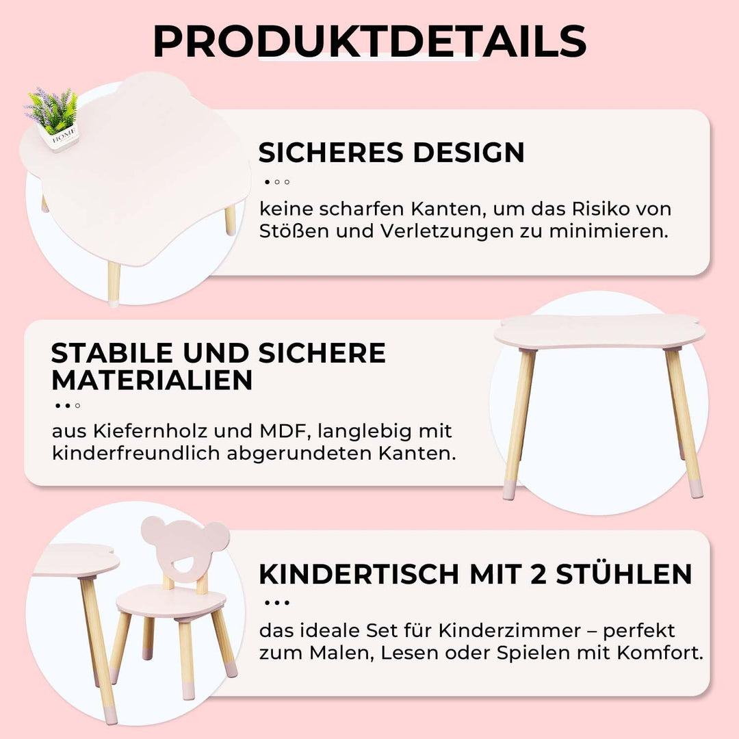 Rebecca Mobili Tisch und 2 Stühle für Kinder, Tischset mit Stühlen, Rosa Braun, MDF Kiefer, für Kind