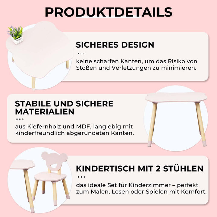 Rebecca Mobili Tisch und 2 Stühle für Kinder, Tischset mit Stühlen, Rosa Braun, MDF Kiefer, für Kind
