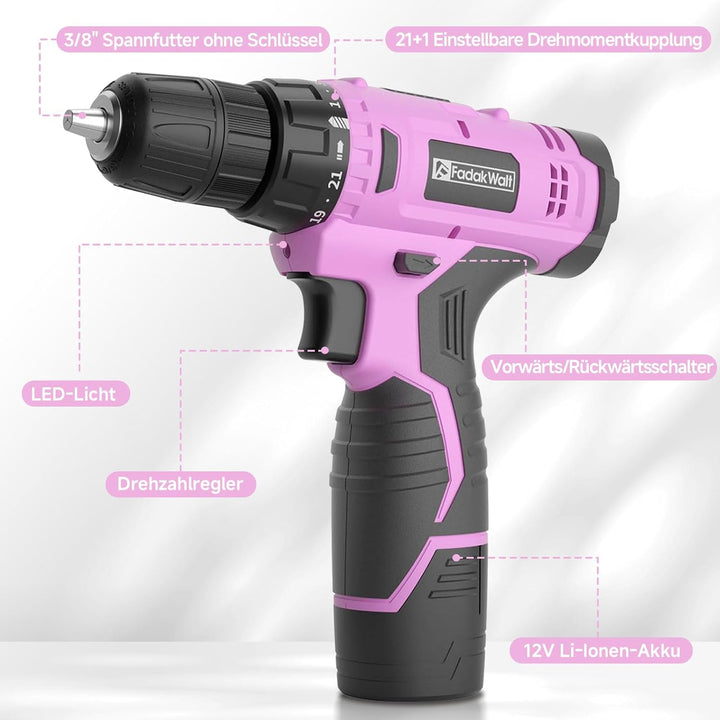 12V Akku-Bohrschrauber, Akku-Bohrschrauber-Set, 3/8" Zoll Schnellspannbohrfutter, Rosa Elektroschrau
