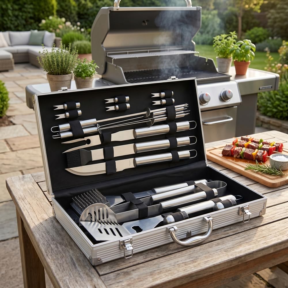 Mastercook – Professionelles Grillzubehör-Set aus Stahl mit Koffer, Zubehör-Set Bbq mit Zange, Gabel