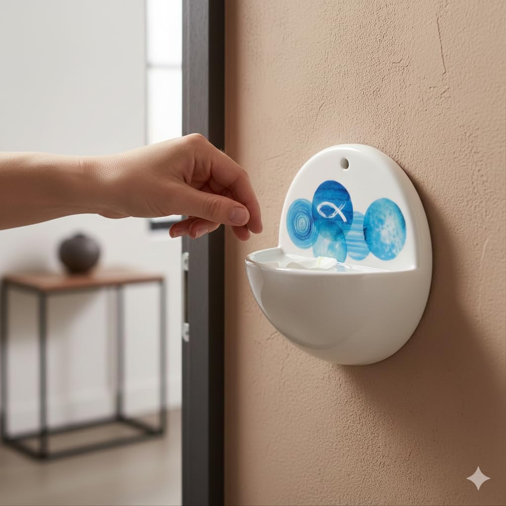 Butzon &amp; Bercker Weihwasserbecken Porzellan – Wand-Weihbecken, Rund, Weiss Glänzend, Ichthys-Motiv B