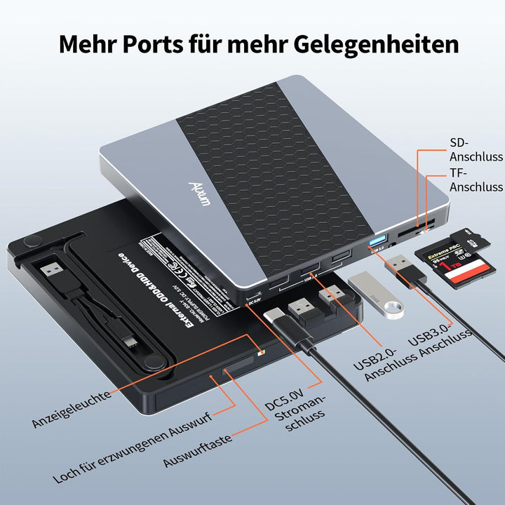 Alxum Externes DVD Laufwerk - USB 3.0 Type C CD Laufwerk extern USB mit SD/TF Kartenleser und USB An