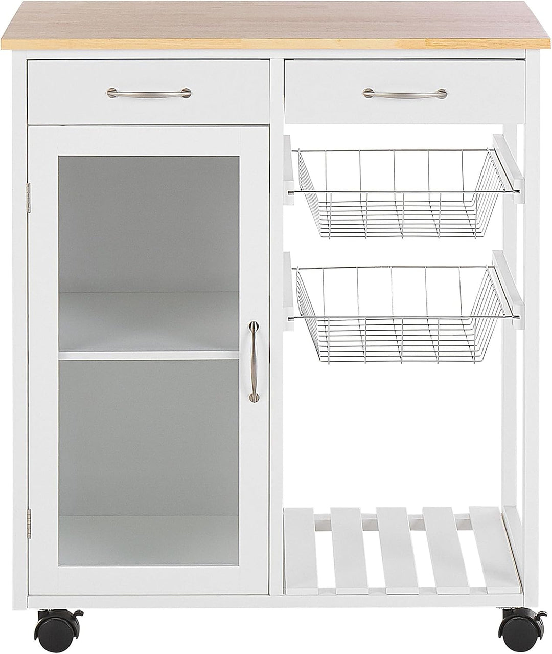 Beliani Servierwagen Holz weiss mit 2 Schubladen Schrank 2 Metallkörben Rollen Boves