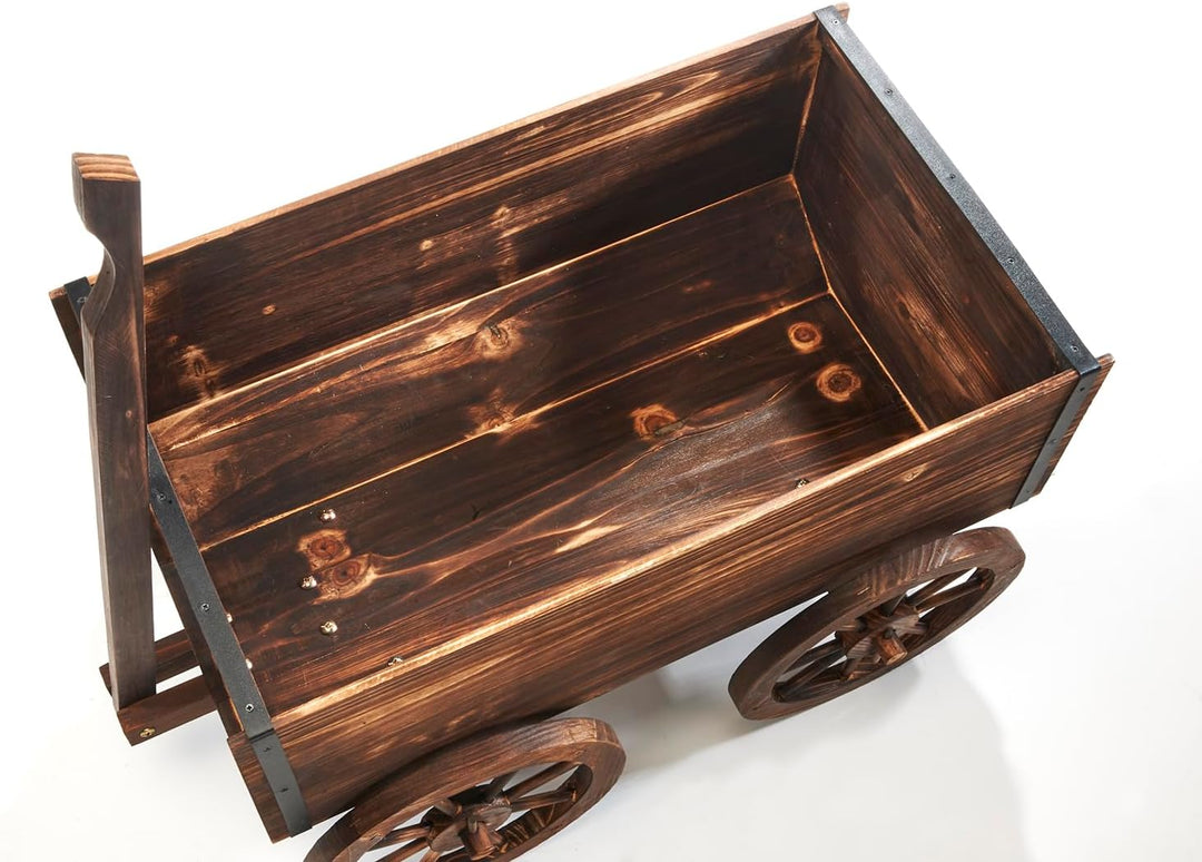 Kobolo Holzwagen Jakob | 69x40x70 cm | braun | rustikaler Pflanzwagen aus Tannenholz mit Griff & Räd