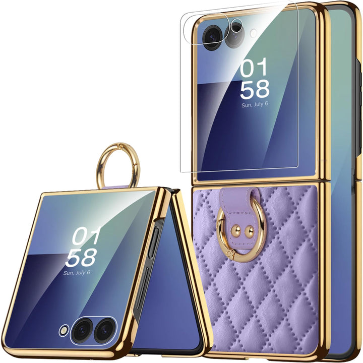 Miimall Lederhülle Kompatibel mit Samsung Galaxy Z Flip 7 Hülle mit Ring Ständer & Kameraschutz [Lux