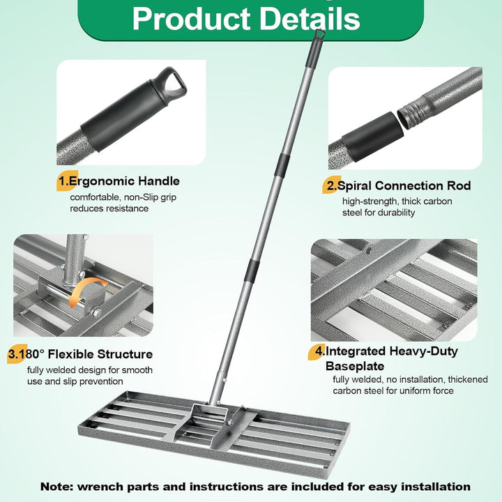 Rasen Nivellierrechen 76×26 cm, Heavy-Duty Garten Rasenrakel aus Karbonstahl, vollverschweisste Nive