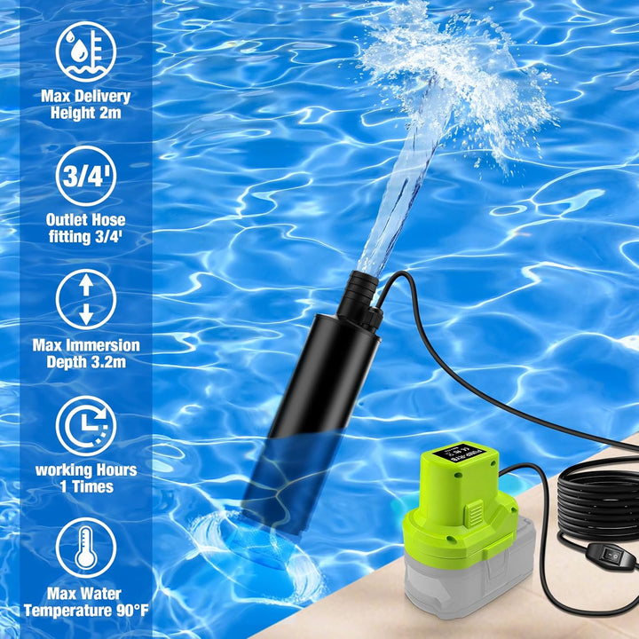 635GPH Tauchpumpe für Ryobi 18V Akku, kabellose Wasserpumpe mit Sedimentfilter, 100W Transferpumpe S