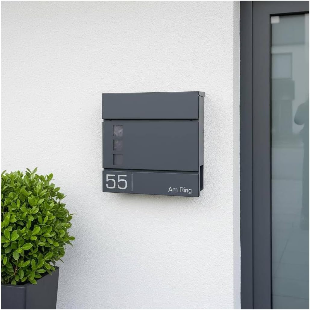 Metzler Briefkasten in Anthrazit RAL 7016 Cube - Name & Hausnummer als Lasergravur - Design Wandbrie