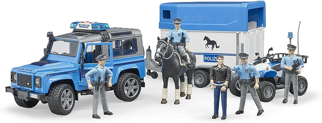 bruder 02588 - Land Rover Defender Polizeifahrzeug, Pferdeanhänger, 1 Pferd, 1 Polizist, Light & Sou