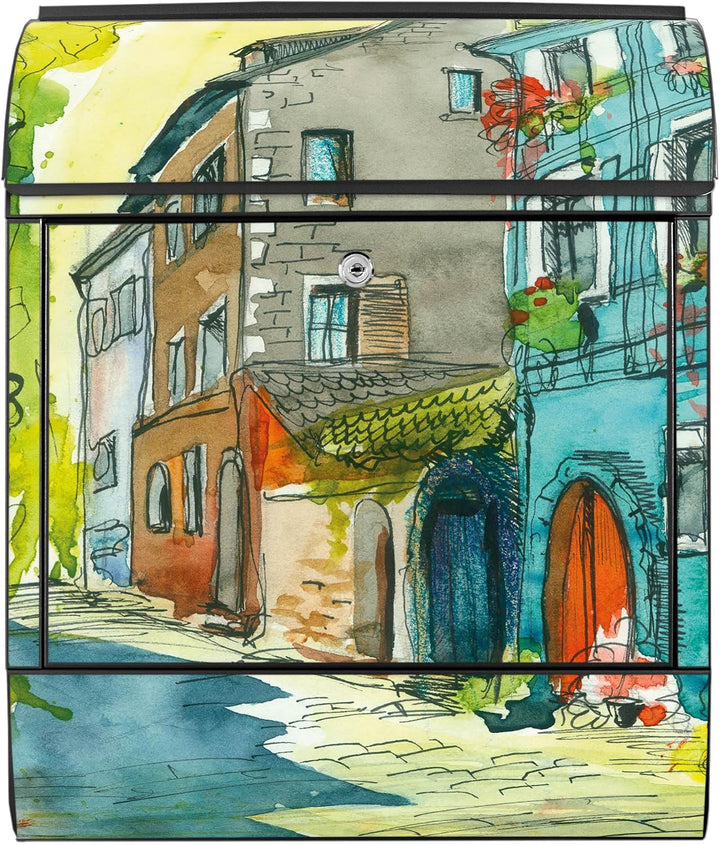 banjado® Design Briefkasten mit Motiv Historischer Stadtkern 39x47x14cm &amp; 2 Schlüssel - Briefkasten
