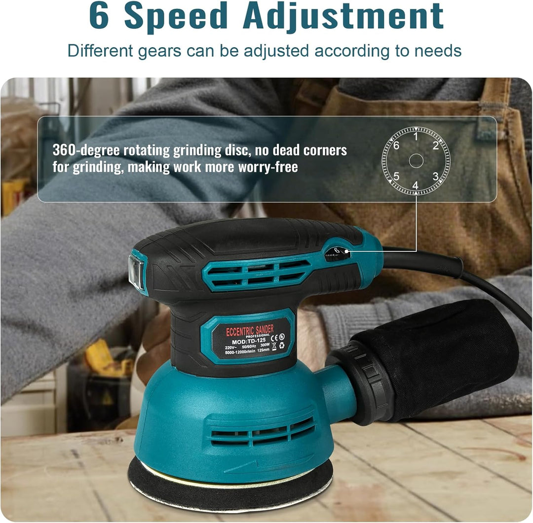 Exzenterschleifer 300W, 6 Geschwindigkeiten 12.000 U/min, Staubsammeldesign, 125mm Eccentric Sander