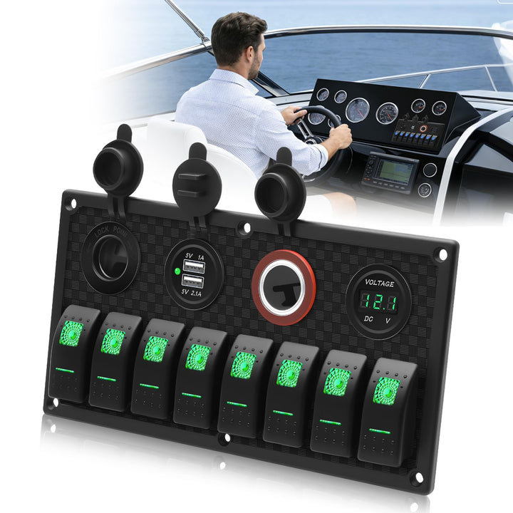Geloo 8 Gang LED Toggle Rocker Switch Panel, 12V/24V Digital Voltage Display Dual USB Charger Port W