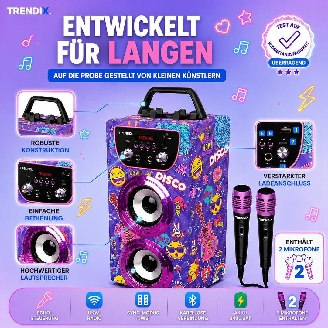 Trendix - Karaoke Maschine Kinder Top Singer | Karaoke Anlage Mit 2 Mikrofonen, Radio Fm, USB, Bluet