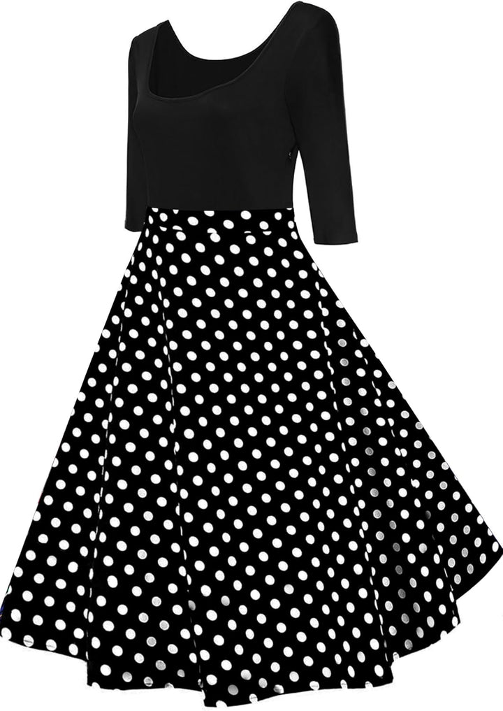 AXOE Damen A-Linie Kleid 60er Jahre Rockabilly 3/4 Ärmel Scharz/Gepunketes S, Scharz/Gepunketes S