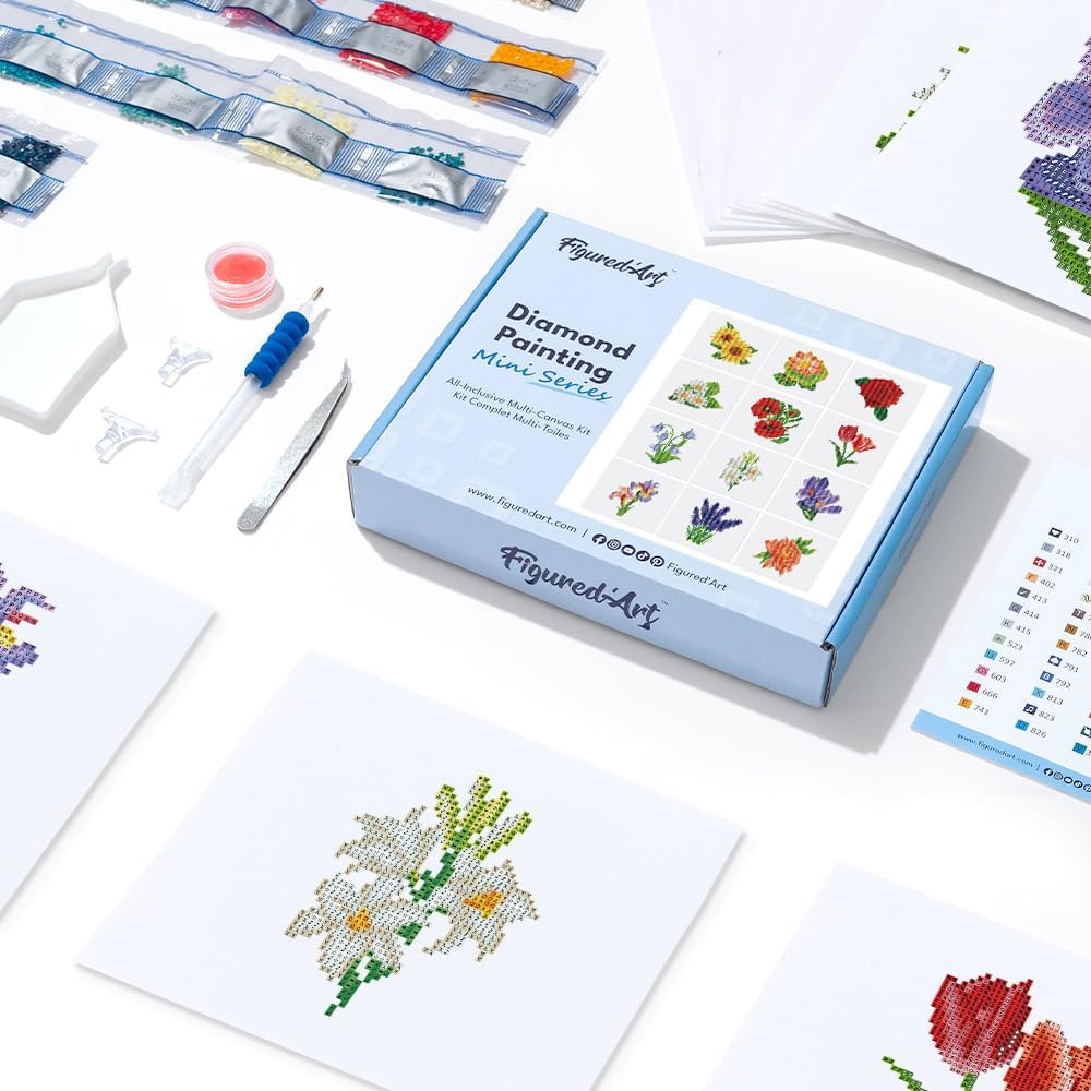 Figured'Art Mini Serie Diamond Painting Erwachsene - Blumen - Premium-Box mit 12 Stück 15x18 cm 5D B