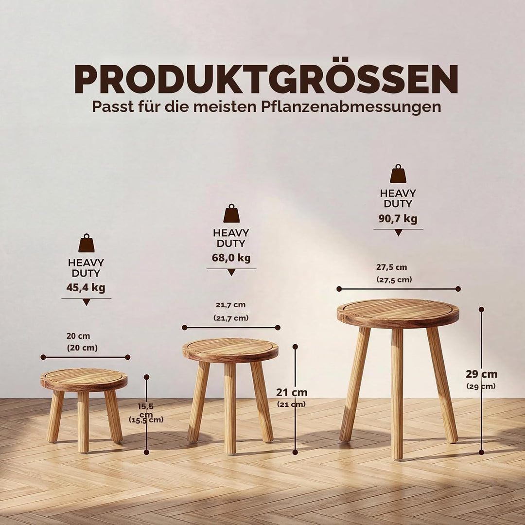 Bamworld Pflanzenhocker aus Holz im 3er-Set – Naturfarbene Blumenständer in 3 Grössen – Dekorativer