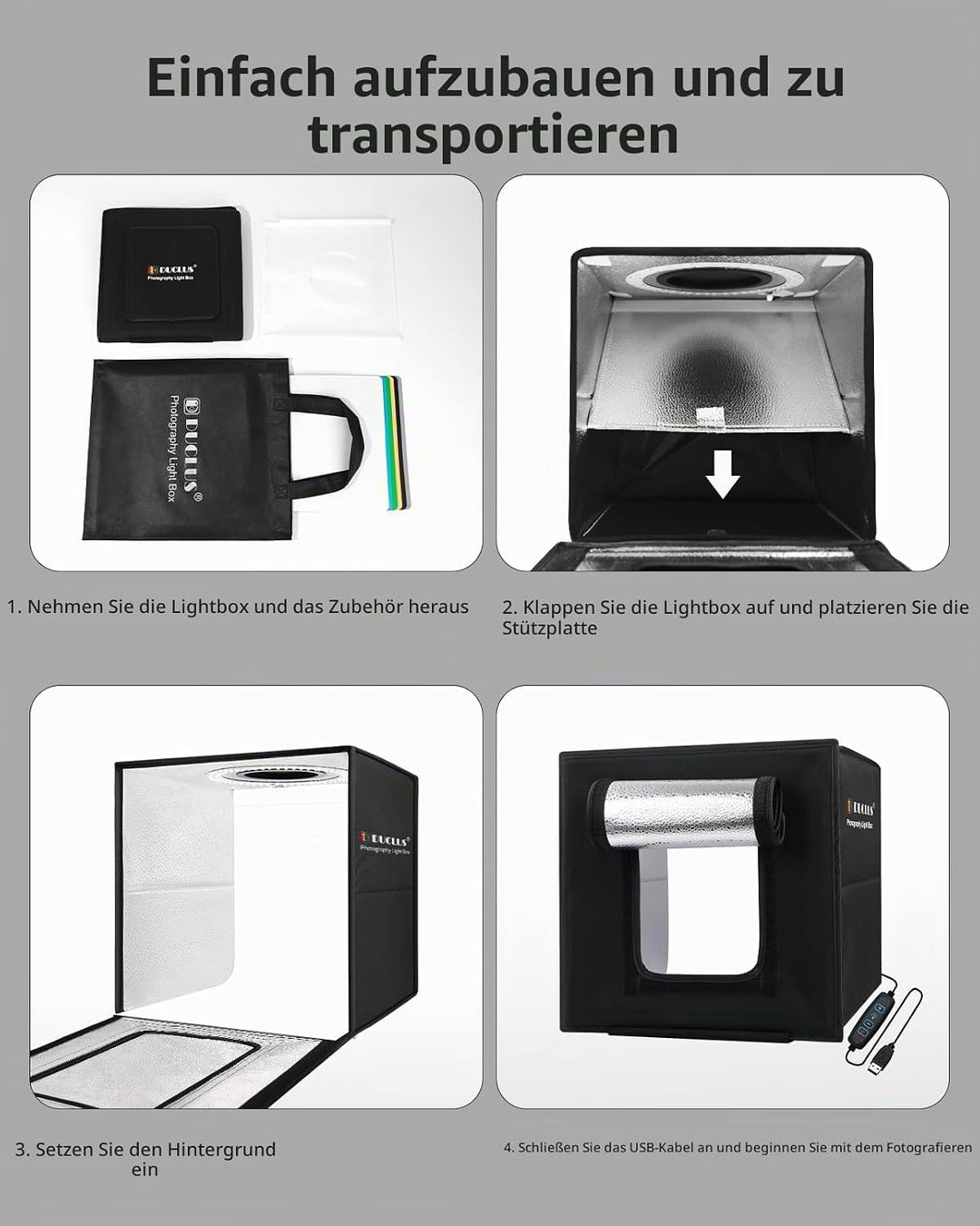 DUCLUS Fotobox, 25x25 cm Fotostudio Set für Produktfotografie, Faltbare Mini Lichtbox mit 96 LEDs, 6