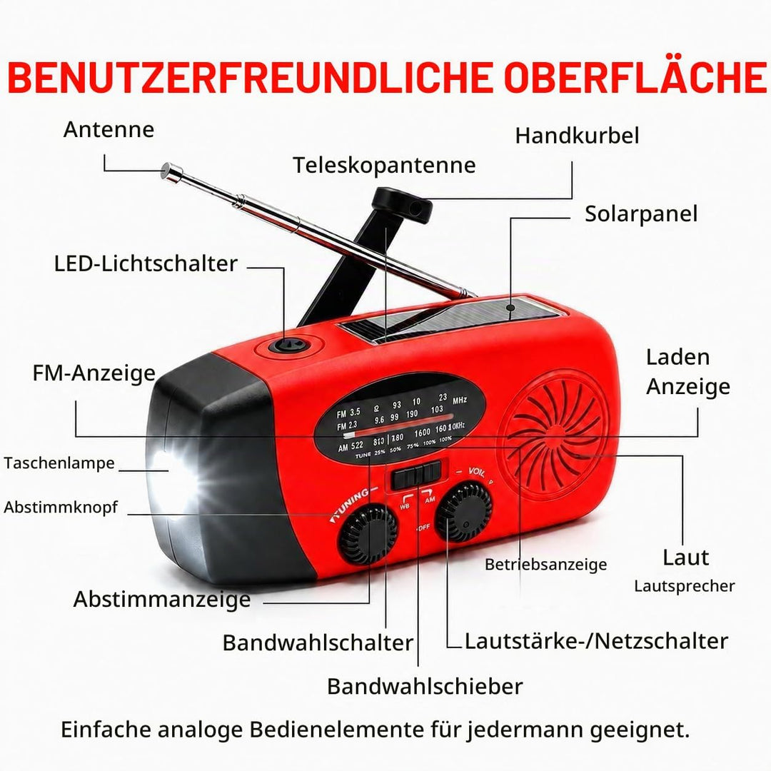 1 Stück Solar Kurbelradio mit 3-LED Taschenlampe | Tragbares 2000mAh NI-MH Notfall Powerbank | IPX3
