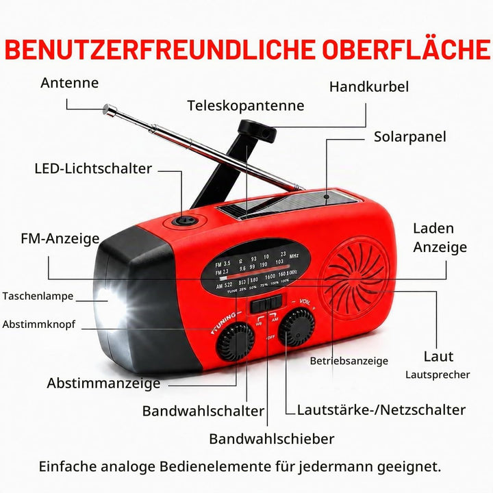 1 Stück Solar Kurbelradio mit 3-LED Taschenlampe | Tragbares 2000mAh NI-MH Notfall Powerbank | IPX3