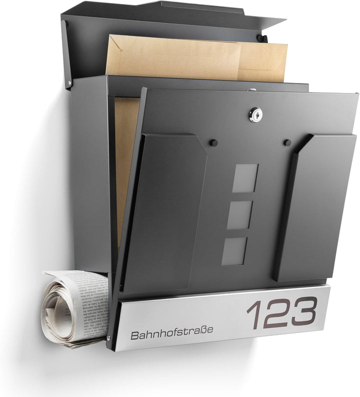 Moderner Briefkasten Personalisierbar Madrid Anthrazit RAL7016 - mit Zeitungsfach - Wandbriefkasten