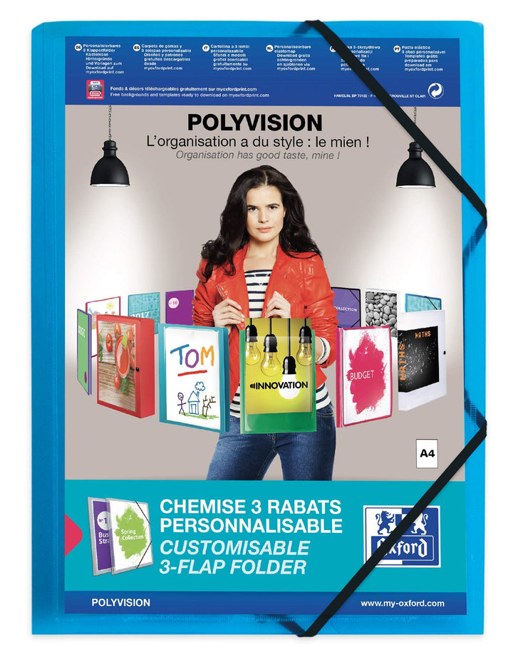 Oxford Kunststoff-Eckspannmappe polyvision, A4, 3 Klappen, 12er Pack blau Eckspannermappe polyvision
