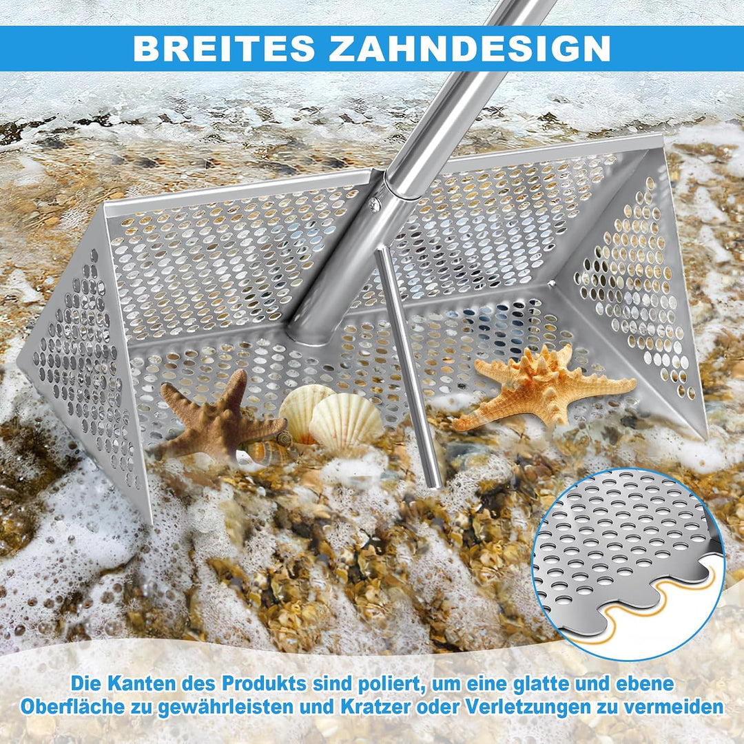 Sand Flohrechen Set, Edelstahl Strandsand Sieb, Abnehmbarer Langer Griff mit Eimer, Handschuhe, Scha
