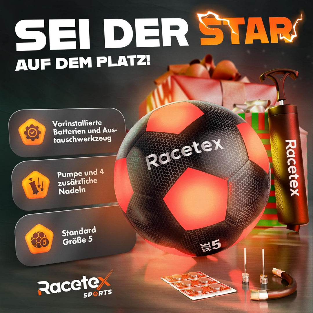 Racetex leuchtender Fussball - Wasserfester LED Fussball mit umfangreichem Zubehör – Fussball Leucht