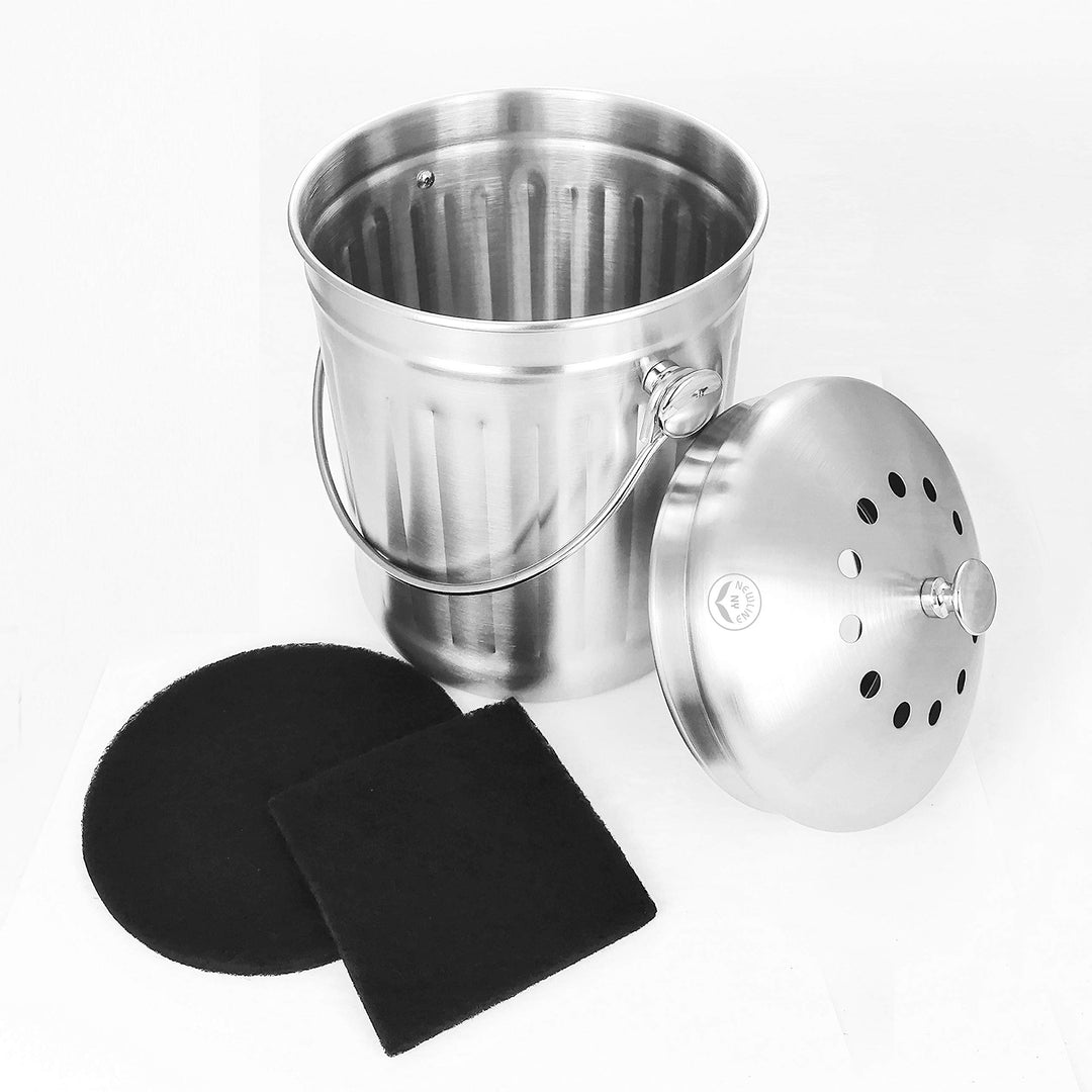 NewlineNY Edelstahl-Komposteimer für Küchen-Arbeitsplatte, 3,5 Liter Recycling-Eimer mit 2 Kohlefilt