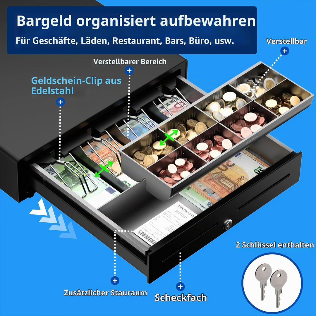 Kassenschublade Push - Druckknopf Öffnung, mit 8 Münzfach und 4 Scheinfach (euro), Abschliessbar - K