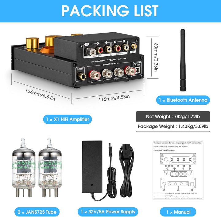 Douk Audio X1 Röhrenverstärker, HiFi Bluetooth 5.0 Verstärker, GE5654 Valve Stereo Audio Amplifier,