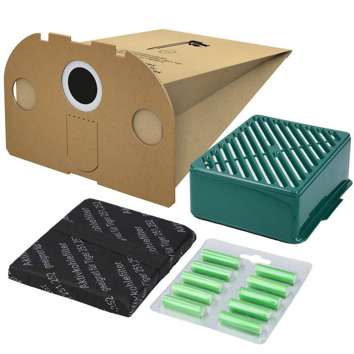 McFilter | 10 Staubsaugerbeutel + Aktivfiltersystem + Aktivkohlefilter geeignet für Vorwerk Tiger 25