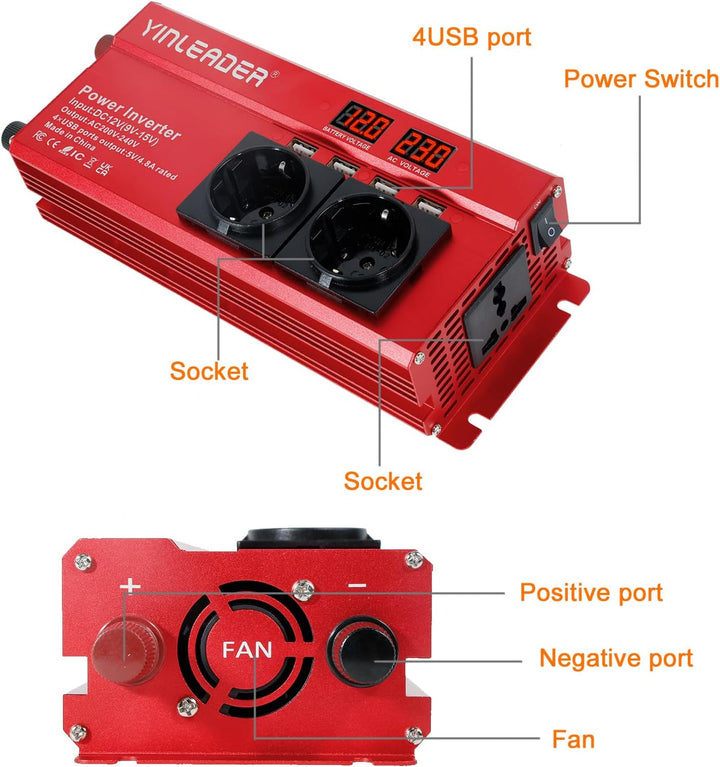 Spannungswandler 12V 230V 1000W/2000W Wechselrichter mit 2 Steckdose und 4 USB LED Spannungsanzeige