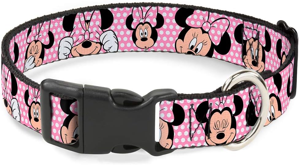 Buckle-Down Plastic Clip Collar - Minnie Mouse Expressions Polka Dot Pink/White - 1.5" Wide - Fits 1