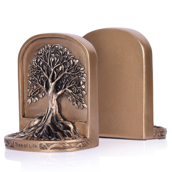 Schwere Buchstützen Baum des Lebens aus Kunstharz - 2er Set in bronzefarbener Optik mit Rutschfester