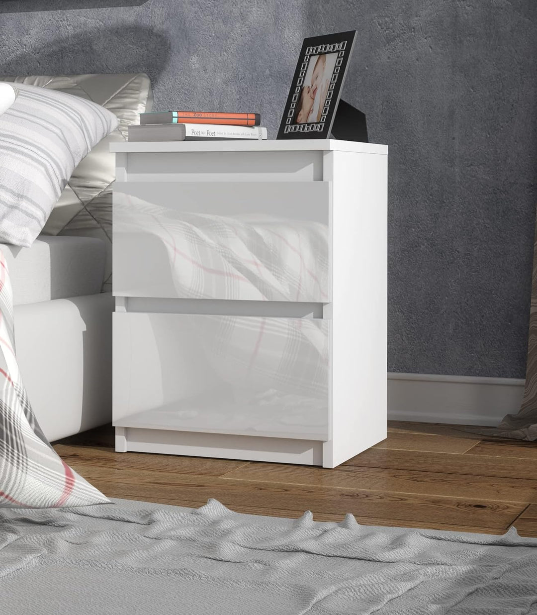 meble masztalerz Nachttisch Weiss Hochglanz 2 Schubladen 40 cm Nachtkommode, grifflose Schubladen, N