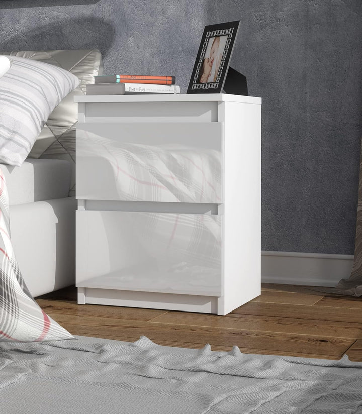 meble masztalerz Nachttisch Weiss Hochglanz 2 Schubladen 40 cm Nachtkommode, grifflose Schubladen, N