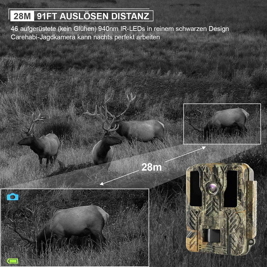 Carehabi 24MP 4K Wildkamera nachtsichtgerät mit 64 GB SD U3 Speicherkarte 46pcs-940nm-IR-LED 28m Nac