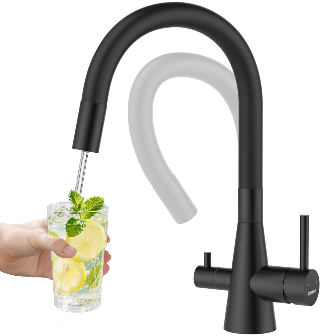 DAYONE 3 Wege Schwarz Wasserhahn Küche Flexibel, 3 in 1 Mischbatterie für Wasserfilter Osmose, 360°