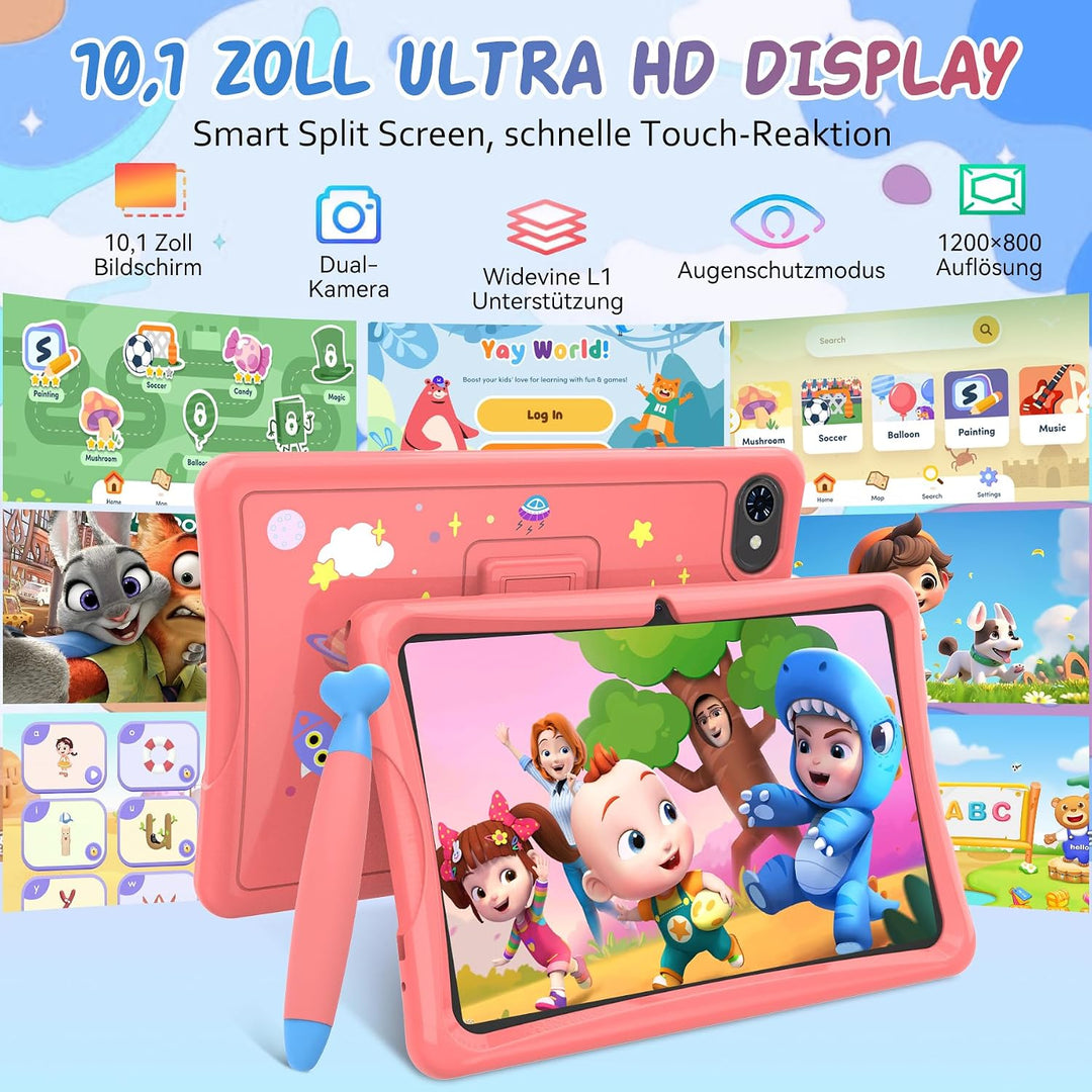 TABWEE K10 Kinder Tablet 10 Zoll, 12 GB RAM + 64 GB ROM (TF 2 TB) | Kids Tablet mit Elternkontrolle,