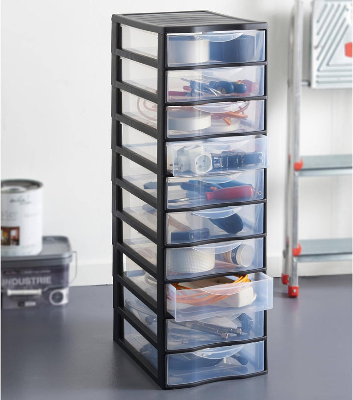 SUNDIS Orgamix, schubladenbox aus Kunststoff, 10 transparente Schubladen im A4-Papierformat, Höhe 81