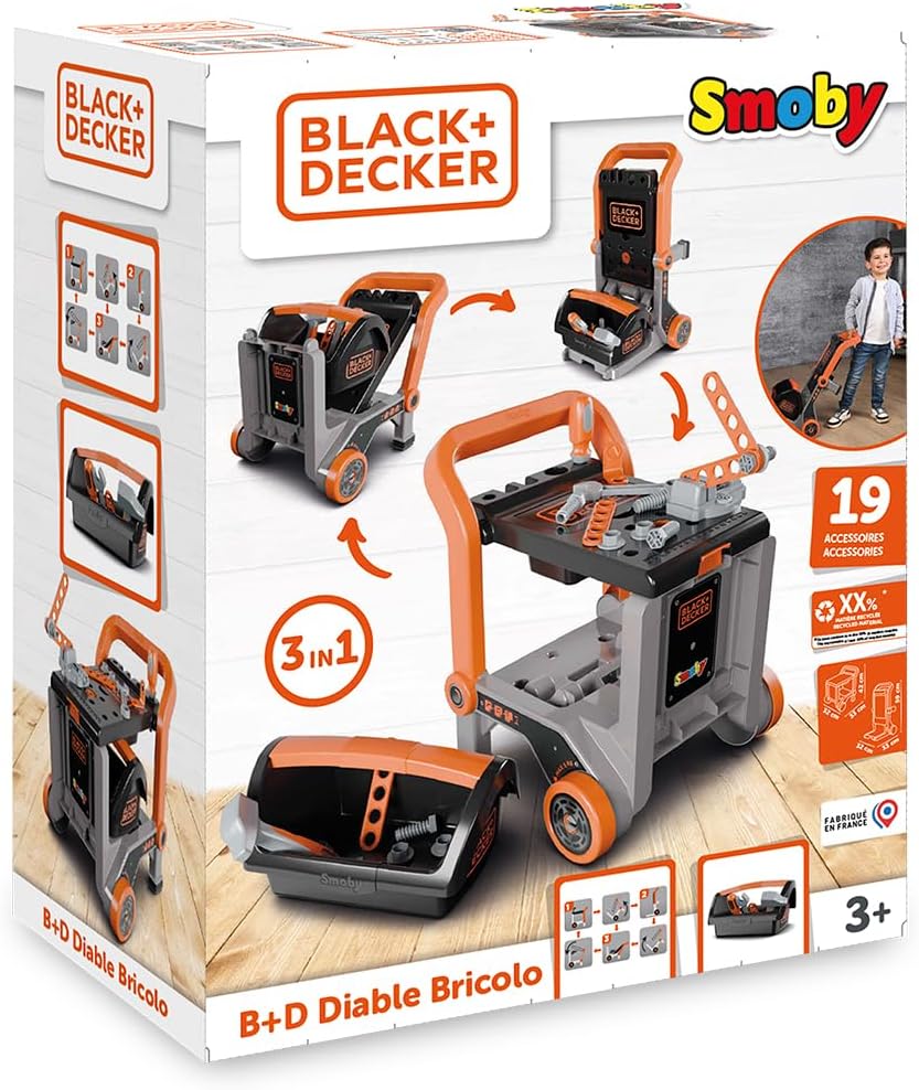 Smoby – Black+Decker Werkbank 3-in-1 - Werkstattwagen, Trolley &amp; Spielwerkbank – 19 Zubehörteile ink