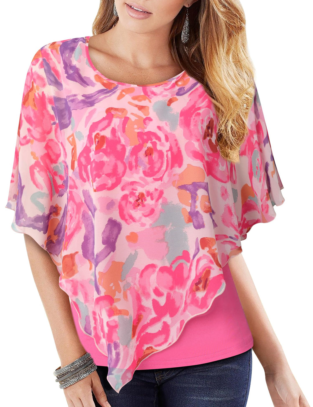 Vafoly Damen Chiffon Lose Fledermaus Bluse mit Kurzen Flatter ärmel Leichte Fliessende Bluse Rundhal