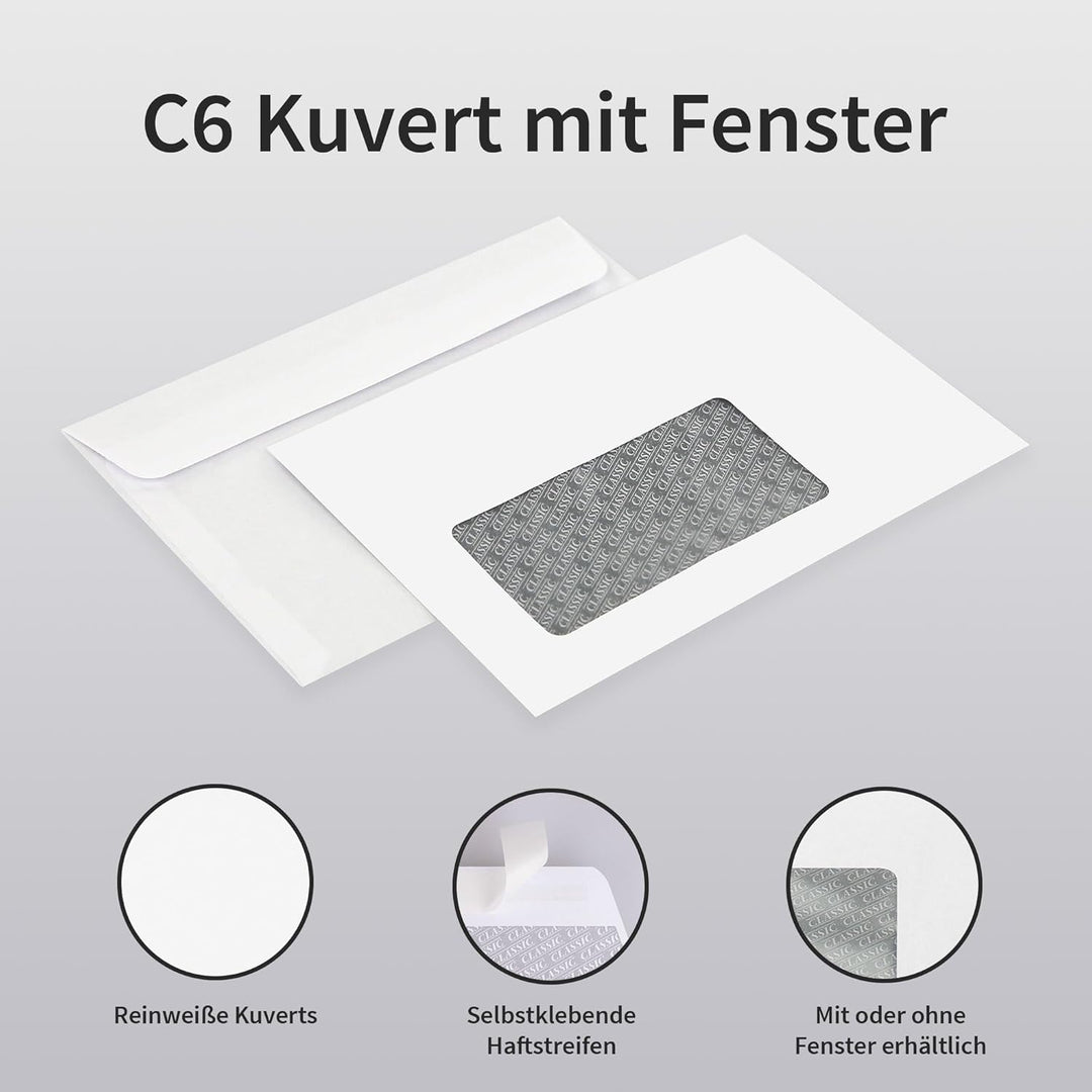 1000 Stück C6 Weisse Briefumschläge ohne Fenster, selbstklebender Haftfix Verschluss, Papierumschläg