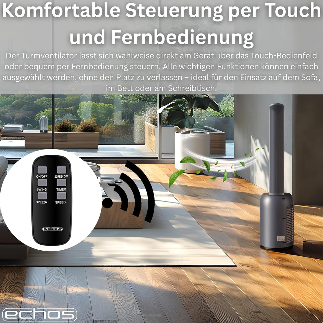 Echos® Turmventilator sehr leise Standventilator energiesparend Bodenventilator mit Fernbedienung Ve