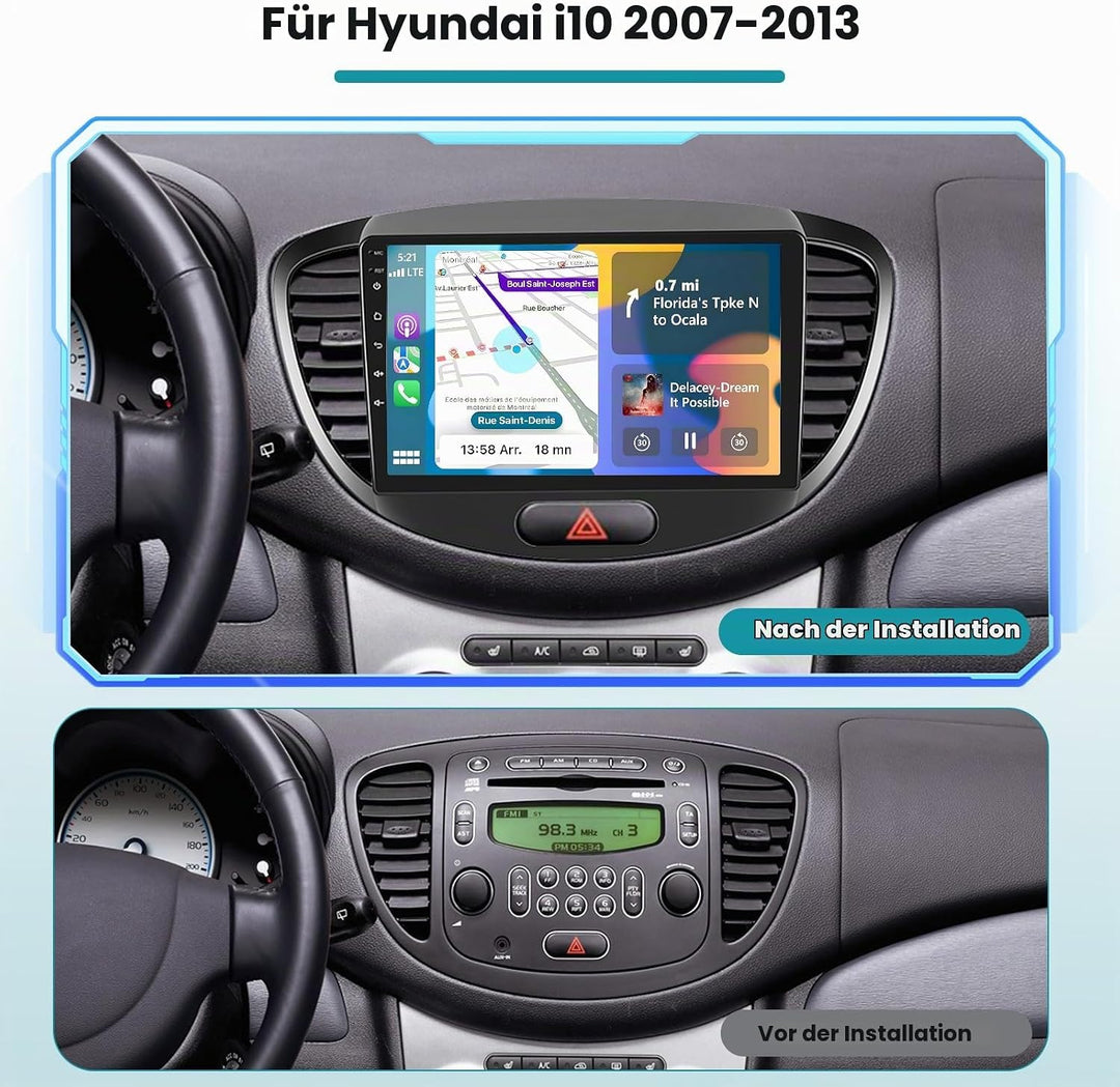 Hikity 2+64G Autoradio Navi Für Hyundai i10 2007-2013 mit Wireless Carplay Android Auto Mirror Link,