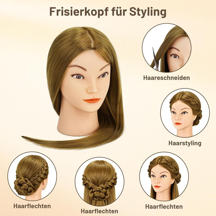 TwoWin Übungspuppe mit braunem Kopf, Echthaar, zum Flechten von Make-up, inklusive Klemmhalter, Brau